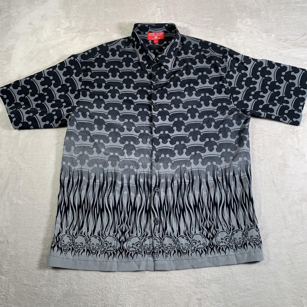 JNCO Jeans Shirt Mens Large Black Gray Button Up Skull‎ Flames All Over Print